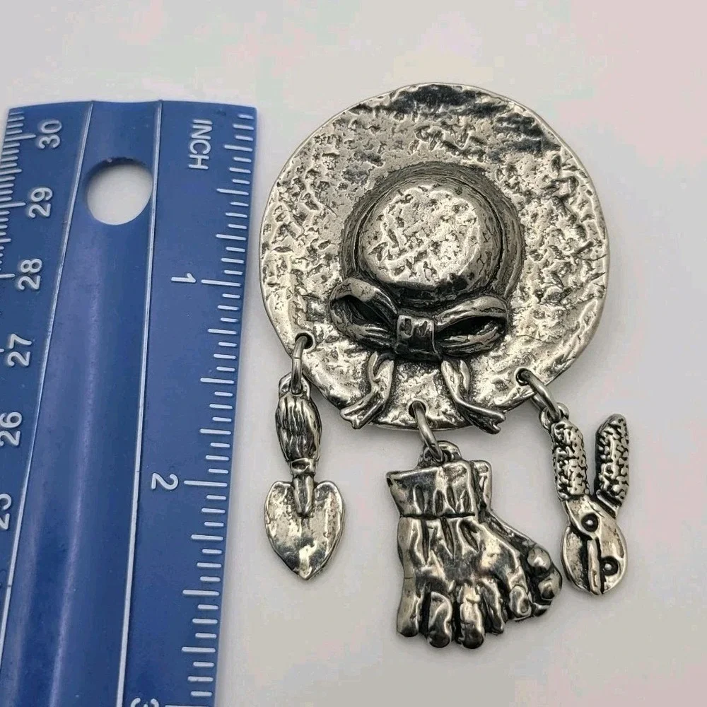 Vintage Sheridan Pewter‎ Hat Brooch Pin Signed Gardening Charms Cottagecore
